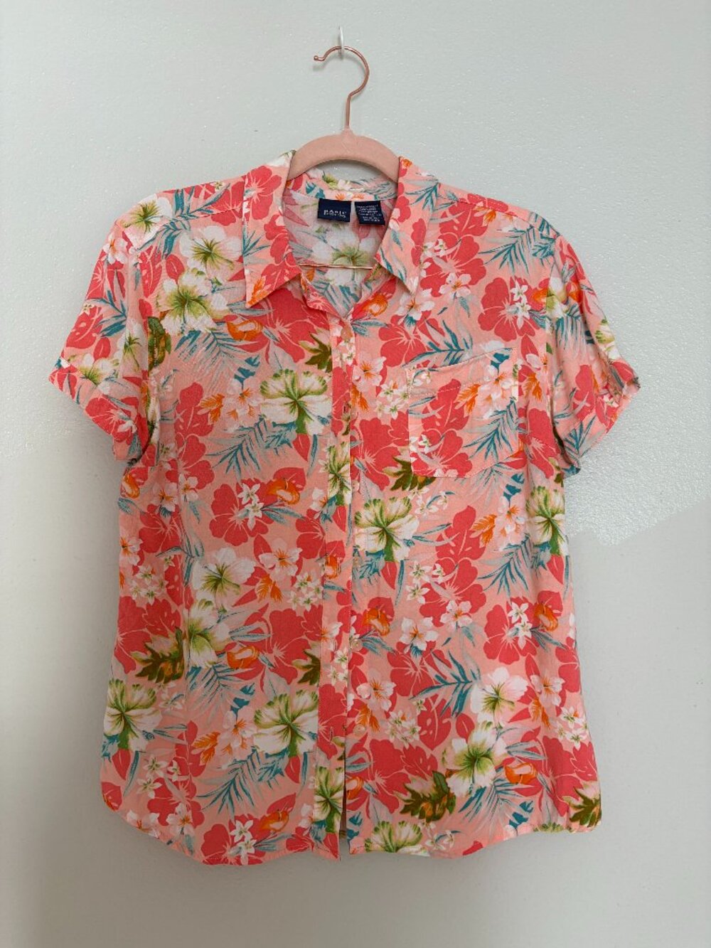 Basic Editions | Coral Hawaiian Floral Rayon Short Sleeve Camp Shirt M